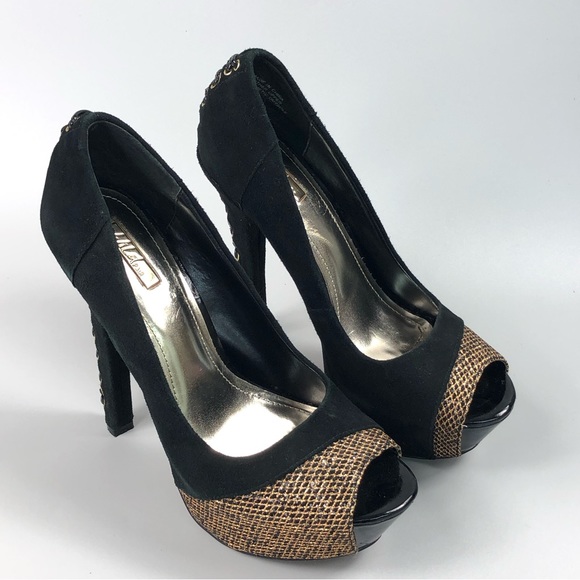 Wild Pair Suede Gold Mesh Peep Toe Heels Size 7.5 - Picture 5 of 15